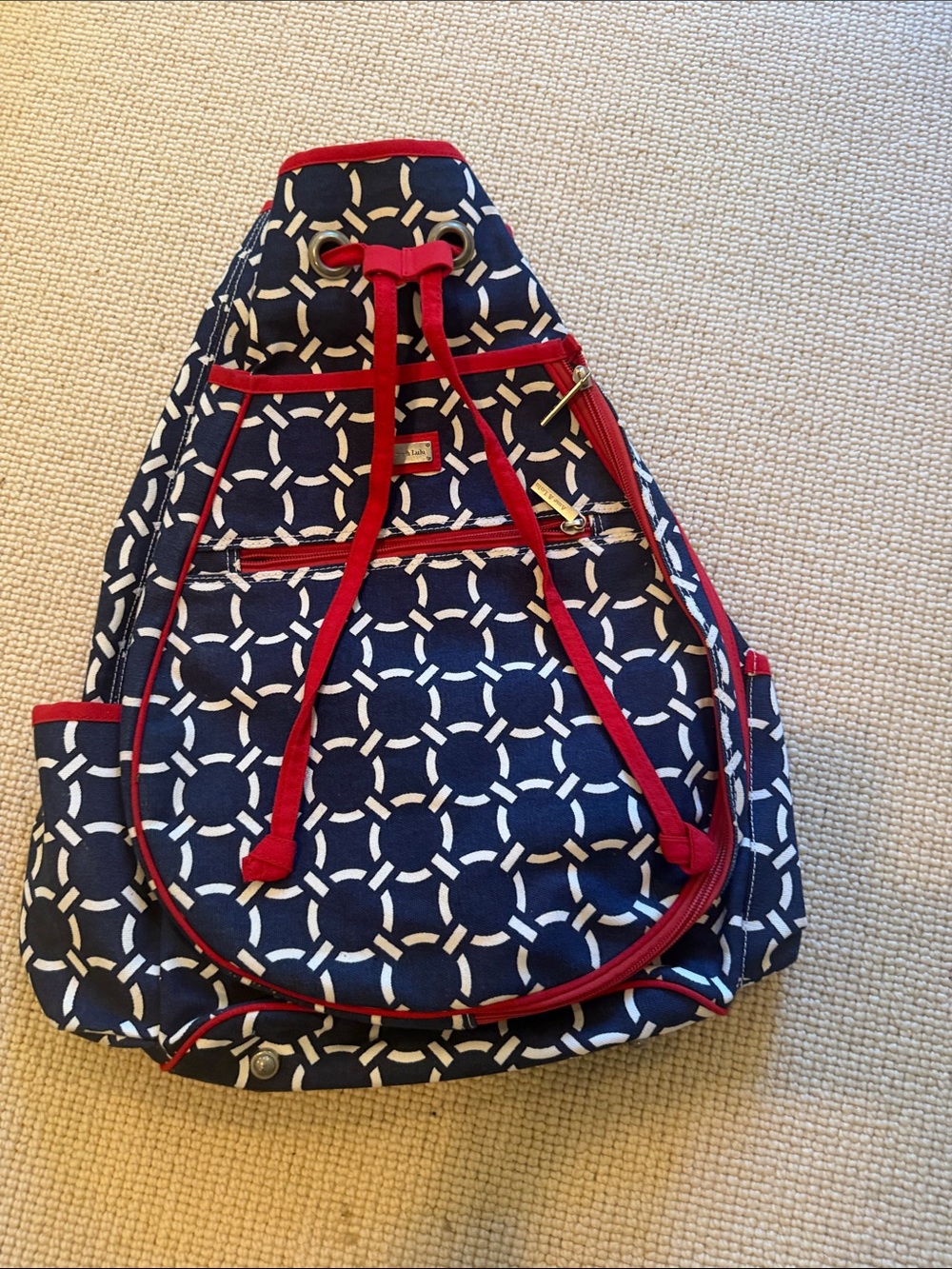 Ame & Lulu Navy & White Geometric Drawstring Backpack with Red Trim